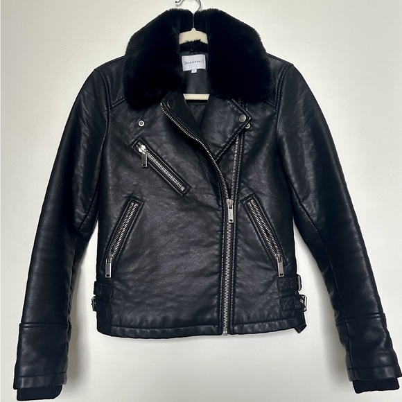 Warehouse London Faux Leather Biker Jacket with Faux Fur Shearling Neck - Picture 1 of 6